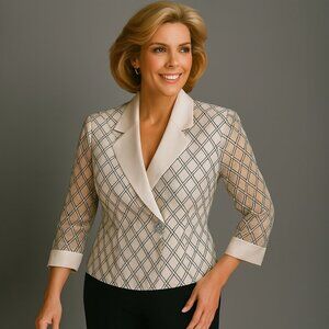 R&M Richards Beige Satin Blazer Womens 18 Vintage Glam Diamond Pattern 80s Chic